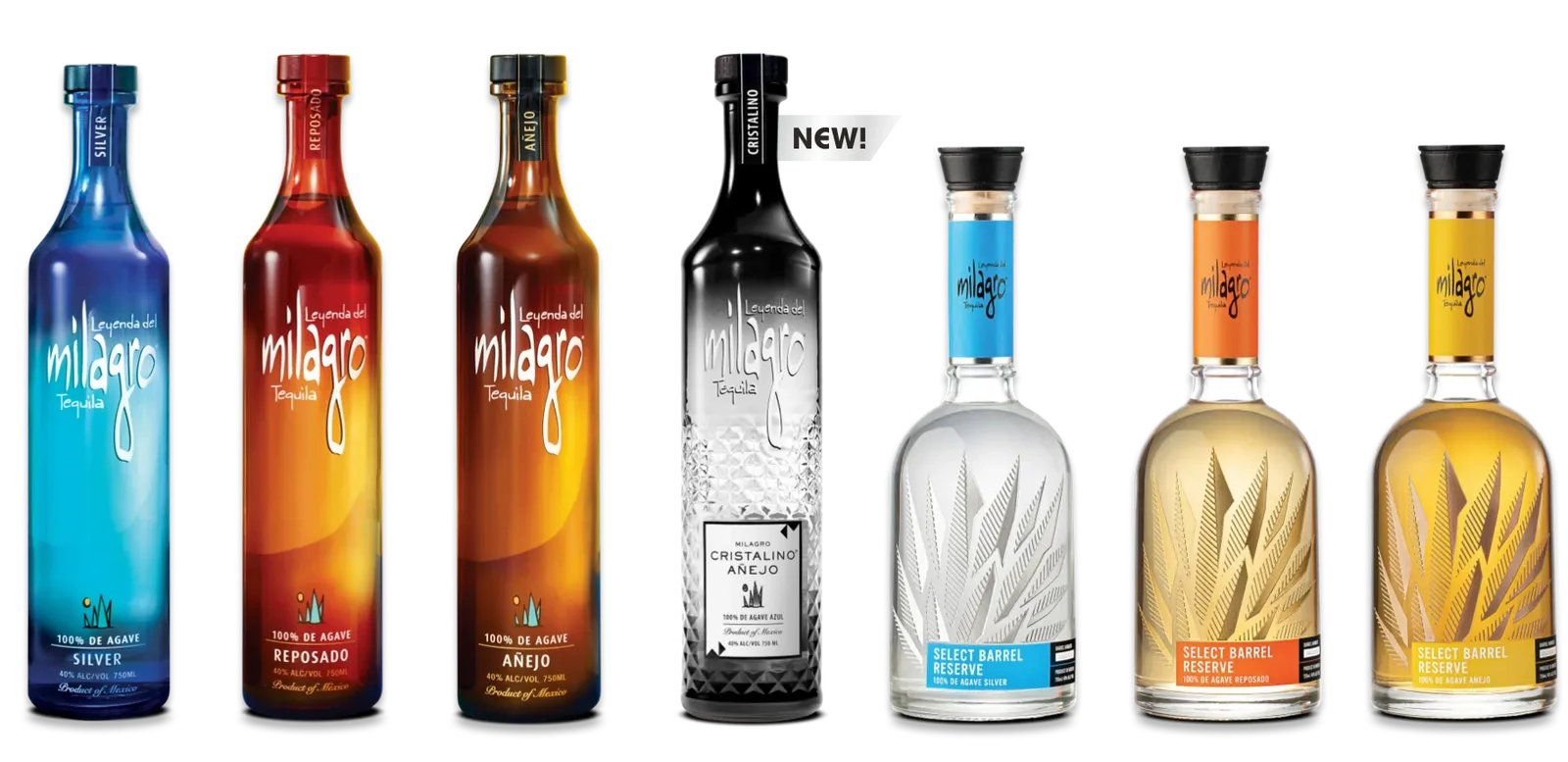 The full line up of Milagro tequilas